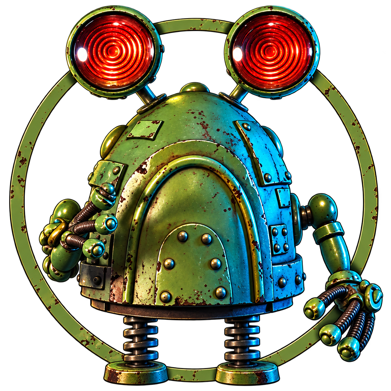 PepeBot: a rusty green and blue robot on spring legs with two glowing red eyes